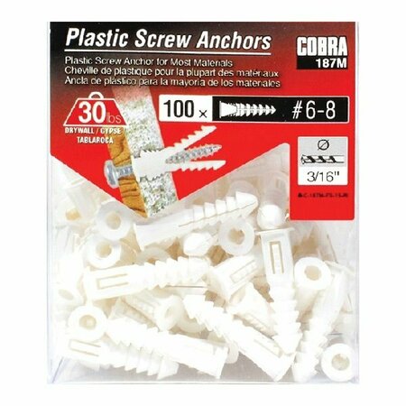 COBRA ANCHORS Cobra Anchors Screw Anchor, 1 in L, Plastic, 100 lb 187M